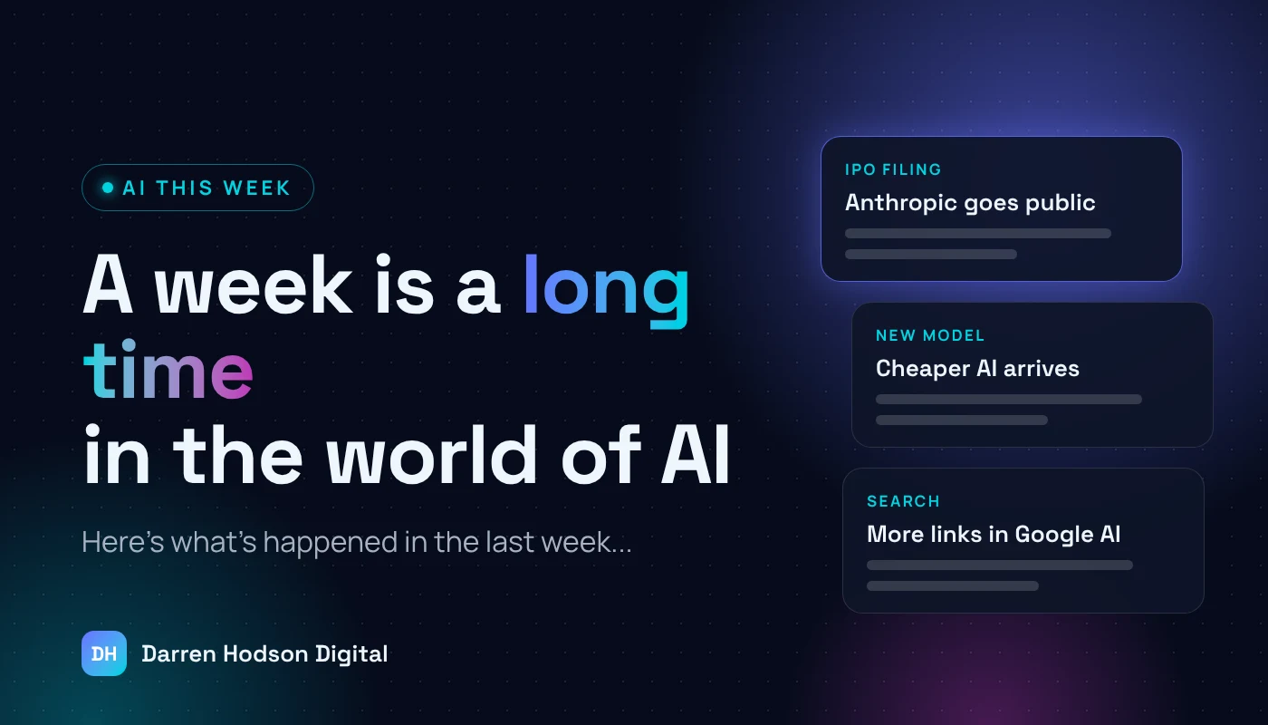 The words A week is a long time in AI with a row of small glowing news cards on a dark blue background