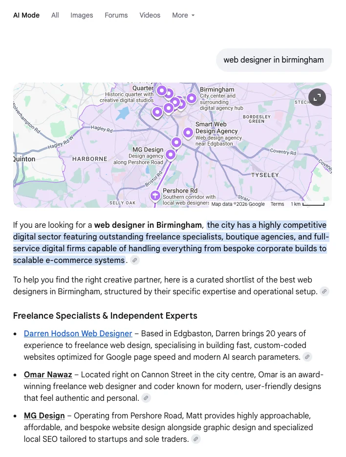 Google AI Mode for web designer in Birmingham, naming Darren Hodson Web Designer first among freelance specialists