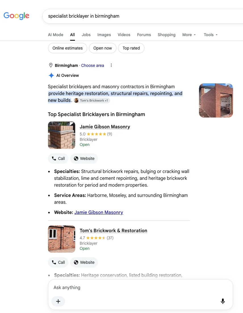 Google AI Overview for specialist bricklayer in Birmingham, listing Jamie Gibson Masonry first