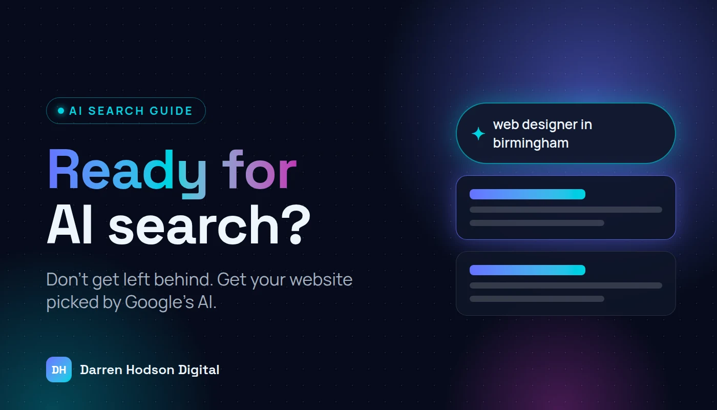 A Google style search bar reading web designer in Birmingham with a glowing AI star beside it on a dark blue background