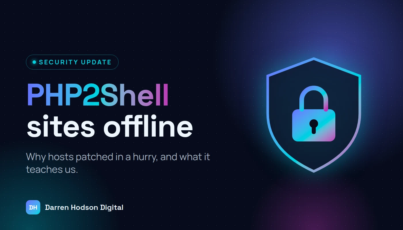 A glowing padlock and patch symbol over the words PHP2Shell on a dark blue background